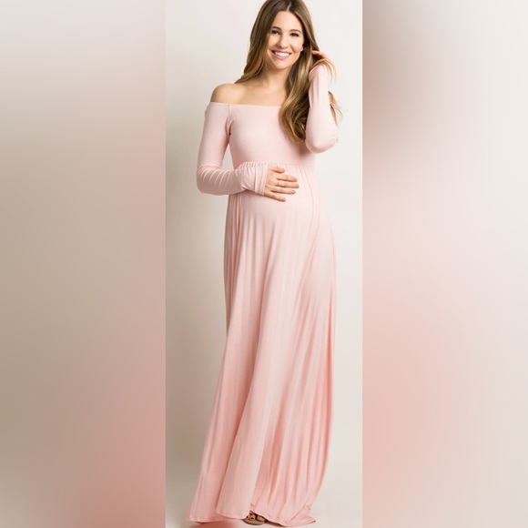 PinkBlush Petite Pink Solid Off Shoulder Maternity Maxi Dress -Size Small Long - Picture 5 of 12